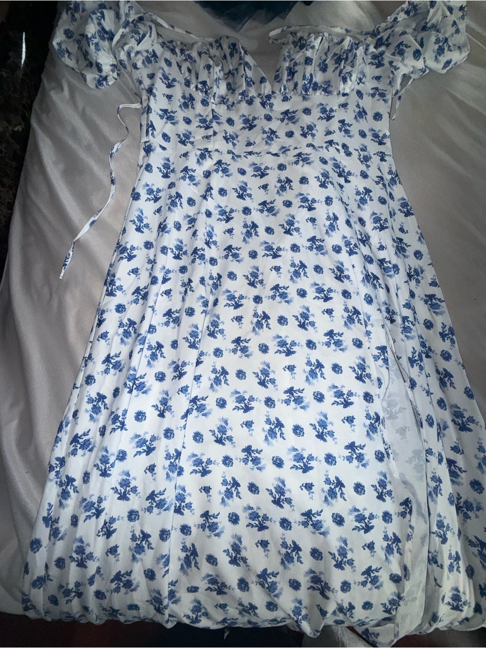 White Off-Shoulder Floral Midi Dress with Blue Blossoms
